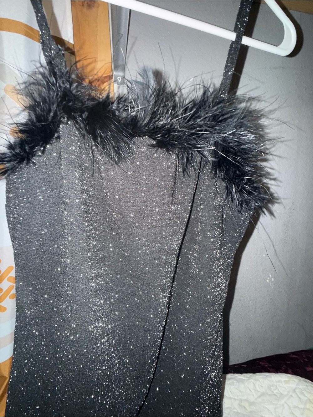 Strapless Black Sparkle Feather-Trim Party Dress